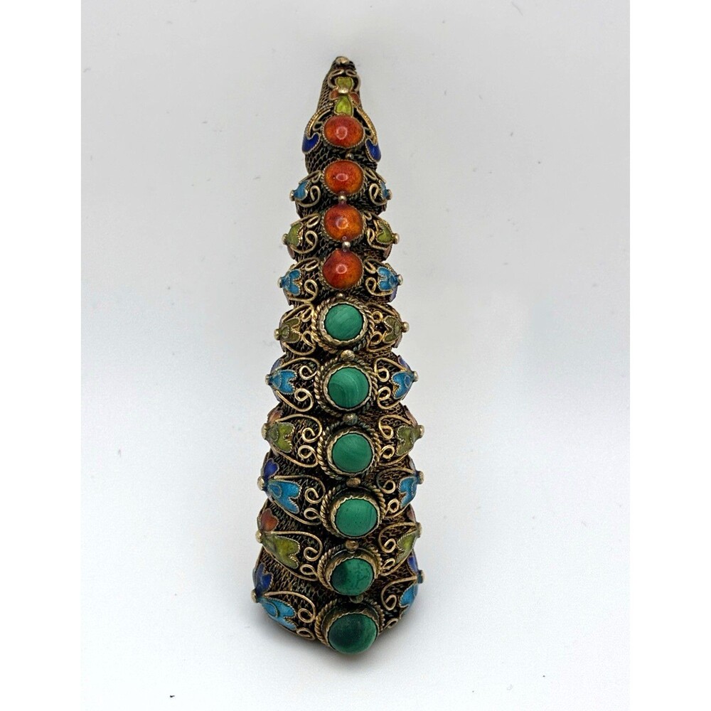Antique Chinese Silver Filigree Enamel Nail Guard Brooch Turquoise Coral 2.75”